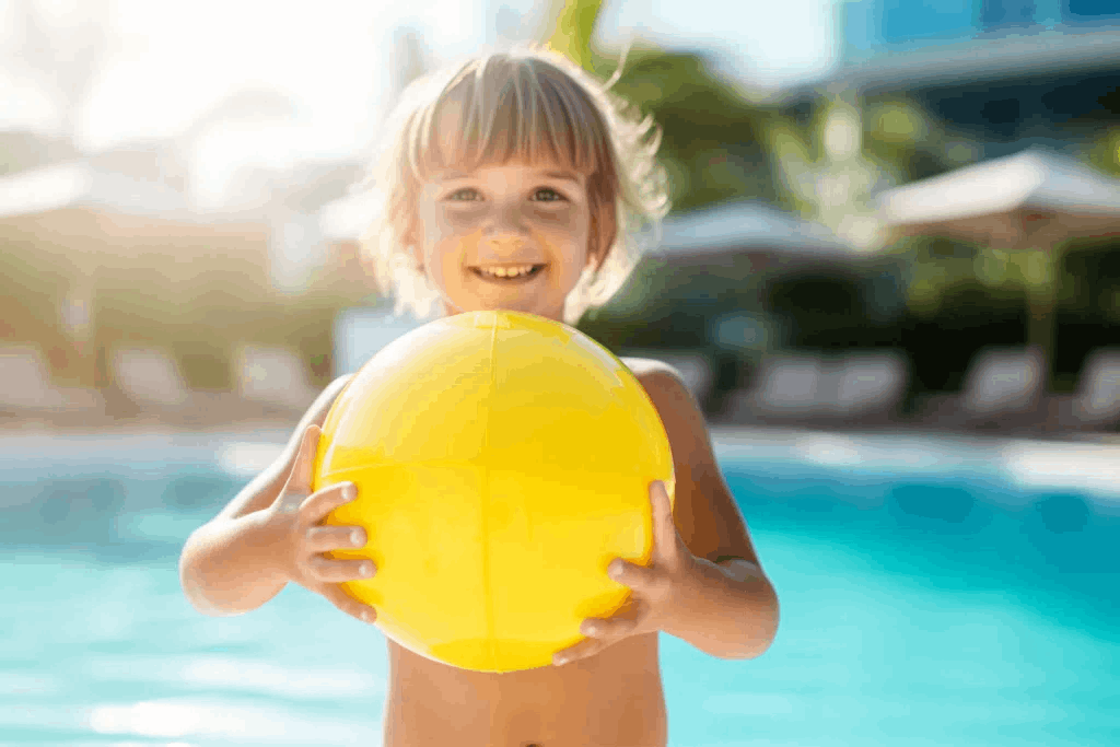 Enfant en bord de piscine qui tient un balon jaune