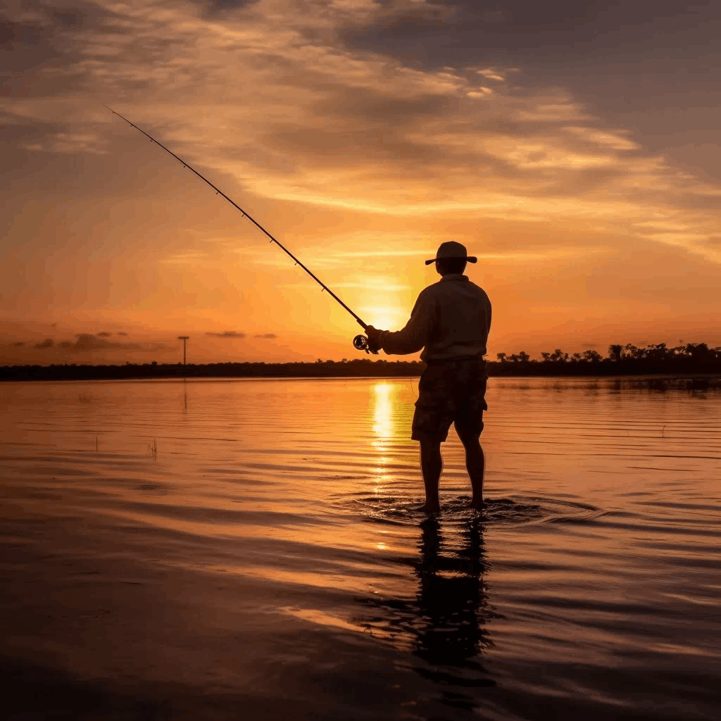 homme pêhce au soleil couchant dnas le lac